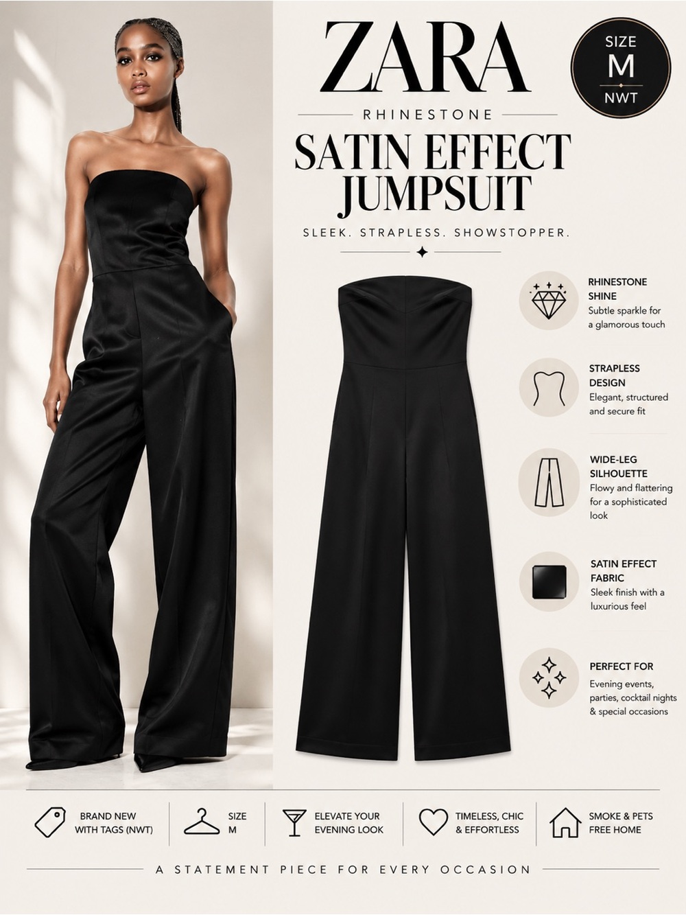 ZARA Black Rhinestone Satin Effect Strapless Jumpsuit NWT Size M
